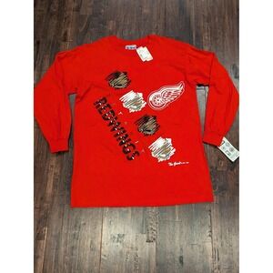 Vintage Detroit Red Wings Shirt Mens Medium Red NHL Hockey Long Sleeve 90s